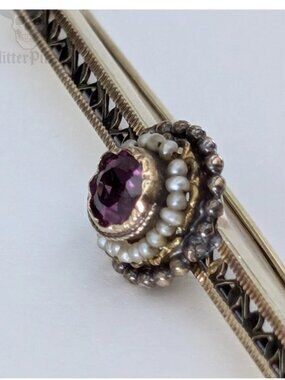 Antique Victorian 14k Gold Amethyst & Seed Pearl Halo Filigree Bar Pin | 2.1"